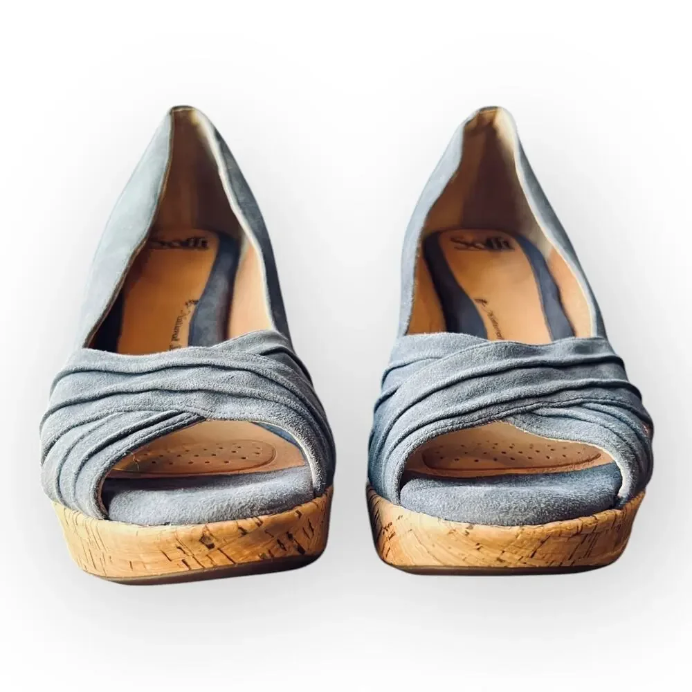 Sofft Olwen Women's Iris Blue Suede Open Toe Cork Platform Wedge Sandal Size 11M